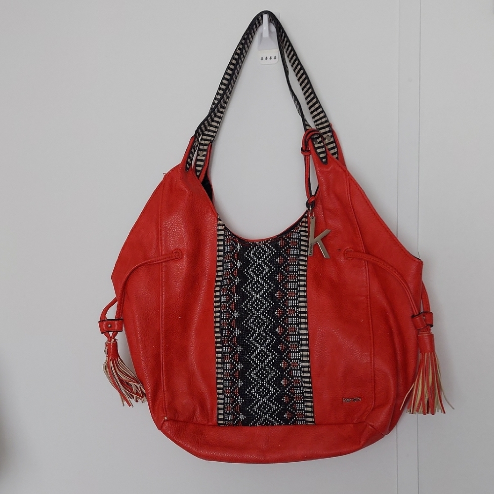 Kensie Red and Black Shoulder Bag with Geometric Pattern